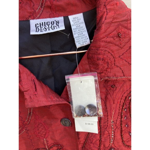 VNTG Chico's Design Medium/1 Red Pure Silk Jacket Abstract Beaded Embroidery NWT - Picture 6 of 11